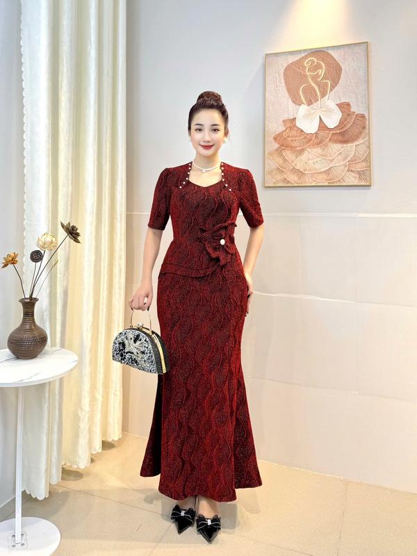 Váy Đầm Trung Niên TrầnNga Dáng Dài NL628 Nhũ Dệt 3D Nỗi 2 Size Dưới 45-80kg Hoa Ôm Gọn Nữ Women Đỏ Dress