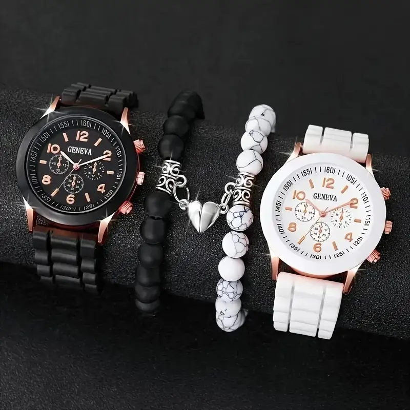 Bộ Đồng Hồ Cặp Đôi Cổ Điển, SY1-Nóng, 4 Cái / bộ, Thời Trang, Tình Yêu Từ Tính Đen Trắng, Còn Hàng, Mẫu Mới Cua Voi Pin Phụ Kiện Lịch Đeo Tay Bàn Tay
