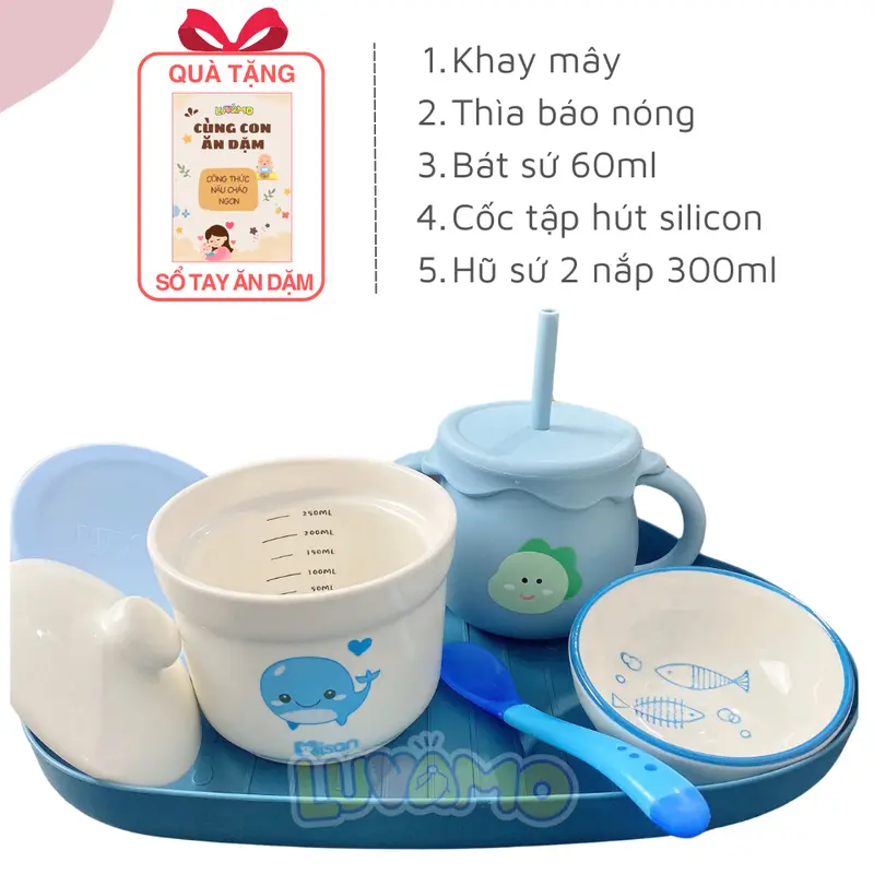 Bộ bát ăn dặm cao cấp cho bé kèm cốc tập hút, bát sứ, thìa cho bé màu sắc đa dạng nghộ nghĩnh Luvamo Kem Voi hũ thủy tinh bát  thìa  ăn  dặm  cho  bé 5