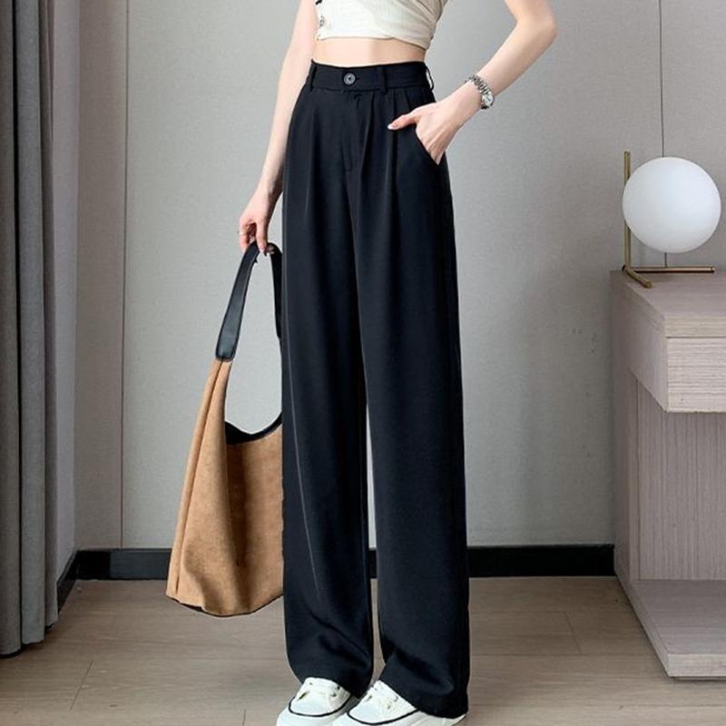Women Suit Pants with Side Pockets High Waist Solid Color Wide Leg Commuter Pants Button Zipper Closure Loose Full Length Pants for Daily Wear Travel 2