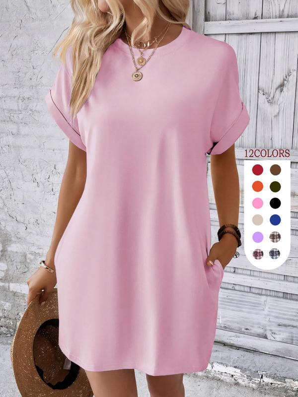 Women's Plain Pocket Round Neck Tunic Dress, The Red Dress, Summer Dresses 2024, Boho Batwing Sleeve Short Sleeve Dress, City Chic Dress UK, Holiday Dresses, Women's Clothing for Beach Vacation, Minimalistic Outfit, Wedding Guest Dress 3