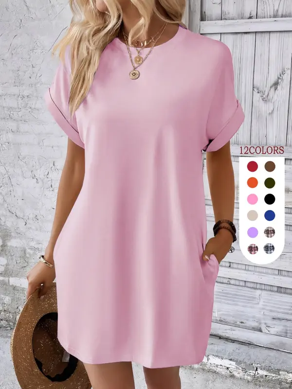 Women's Plain Pocket Round Neck Tunic Dress, The Red Dress, Summer Dresses 2024, Boho Batwing Sleeve Short Sleeve Dress, City Chic Dress UK, Holiday Dresses, Women's Clothing for Beach Vacation, Minimalistic Outfit, Wedding Guest Dress 3