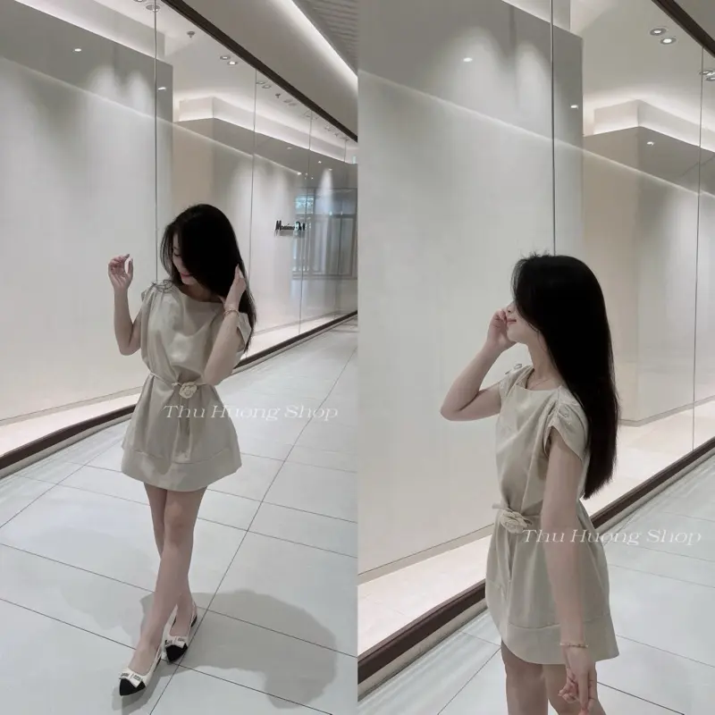 VÁY CÁCH ĐIỆU CHIẾT EO KÈM HOA DÁNG NGẮN(ẢNH SHOP TỰ CHỤP)