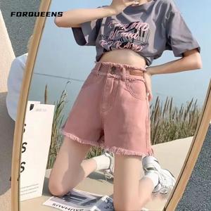 กางเกงยีนส์ขาสั้น สีชมพู สำหรับผู้หญิง เอวสูง ทรงหลวม กางเกงขากว้าง มาใหม่