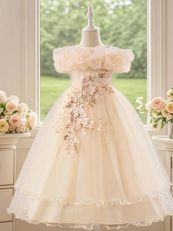 Off Shoulder Sequin Tulle Party Princess Dress, Elegant Floral Embroidery Sweater Dress for Evening Party, Kids Clothes for Summer 6