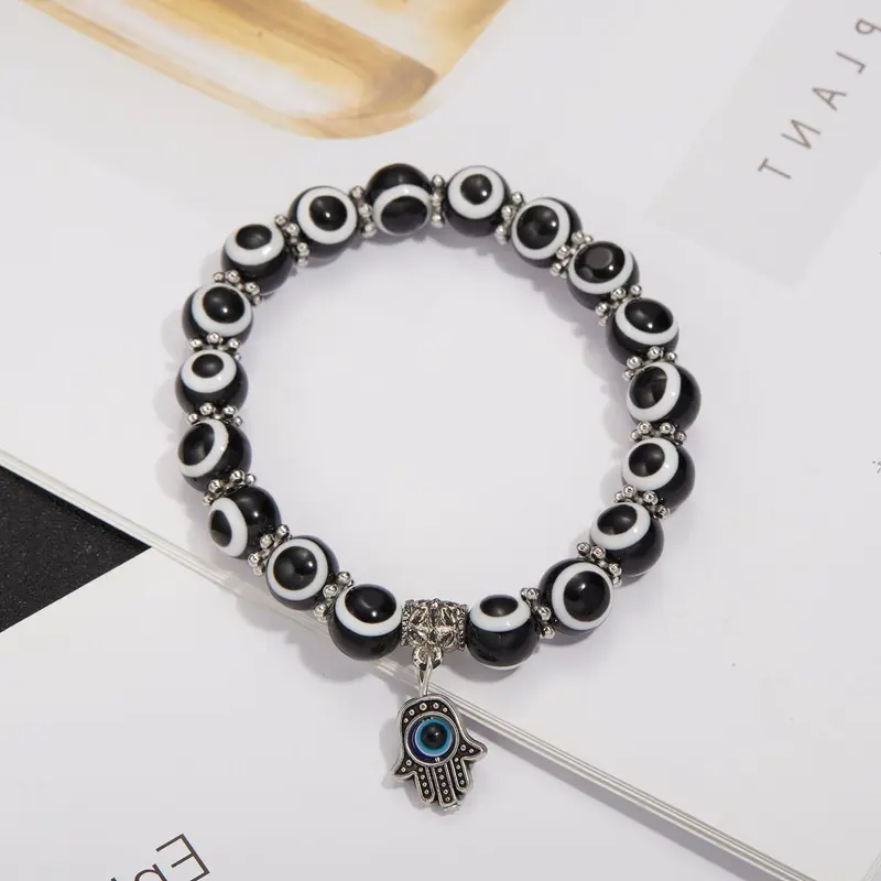 Vòng Tay Co Giãn Mặt Dây Chuyền Đính Cườm, Chất Liệu Hợp Kim, Thiết Kế Mắt Màu Xanh Rỗng Lòng Bàn Tay, Phong Cách Cặp Đôi Đơn Giản, Bán Hàng Trực Tiếp Từ Nhà Máy, Đồ Trang Sức 8