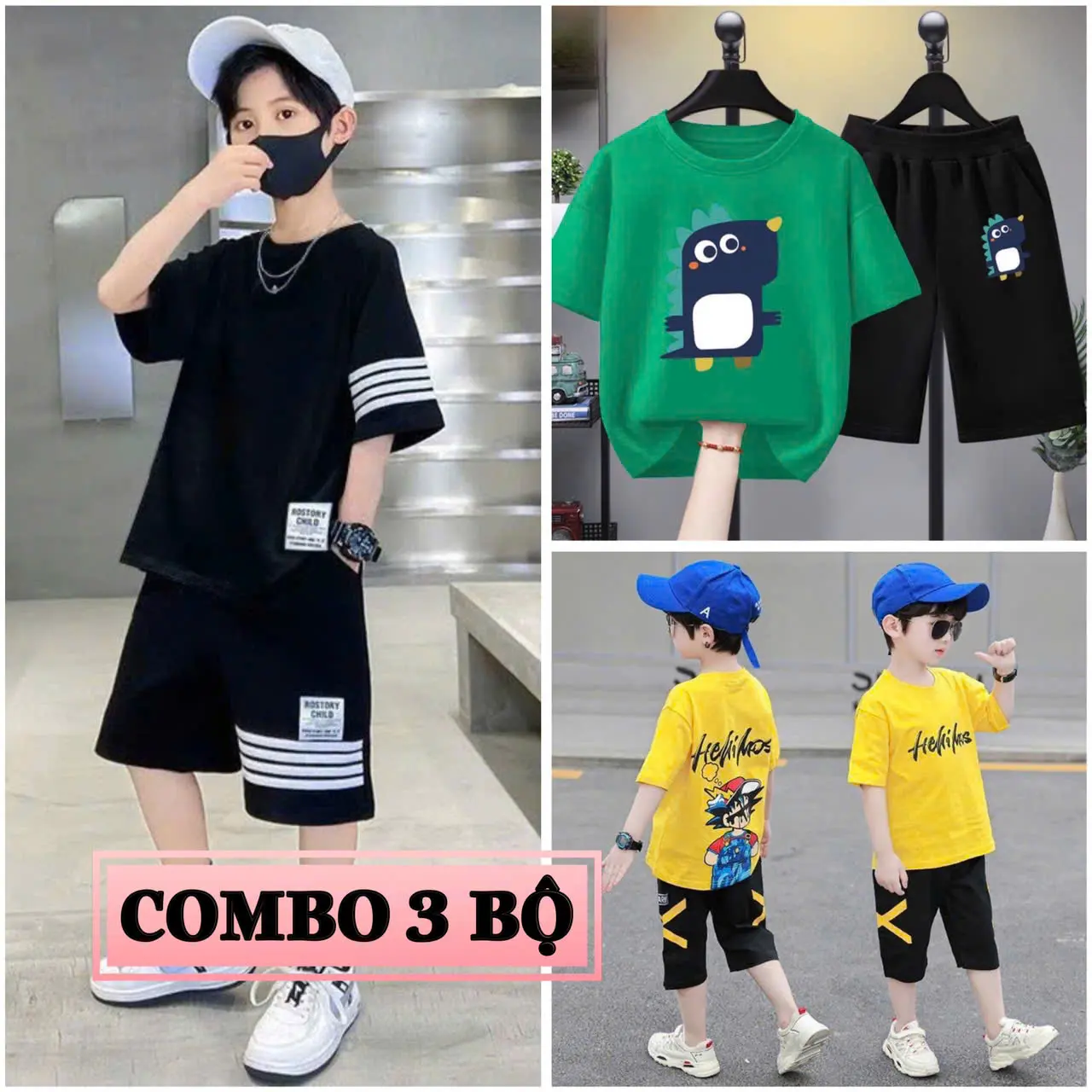 Combo 3 bộ quần áo bé trai ( có size từ 17 đến 40kg ) chất thun thái mềm mát, co giãn thấm hút mồ hôi, quần lửng, áo cộc tay.