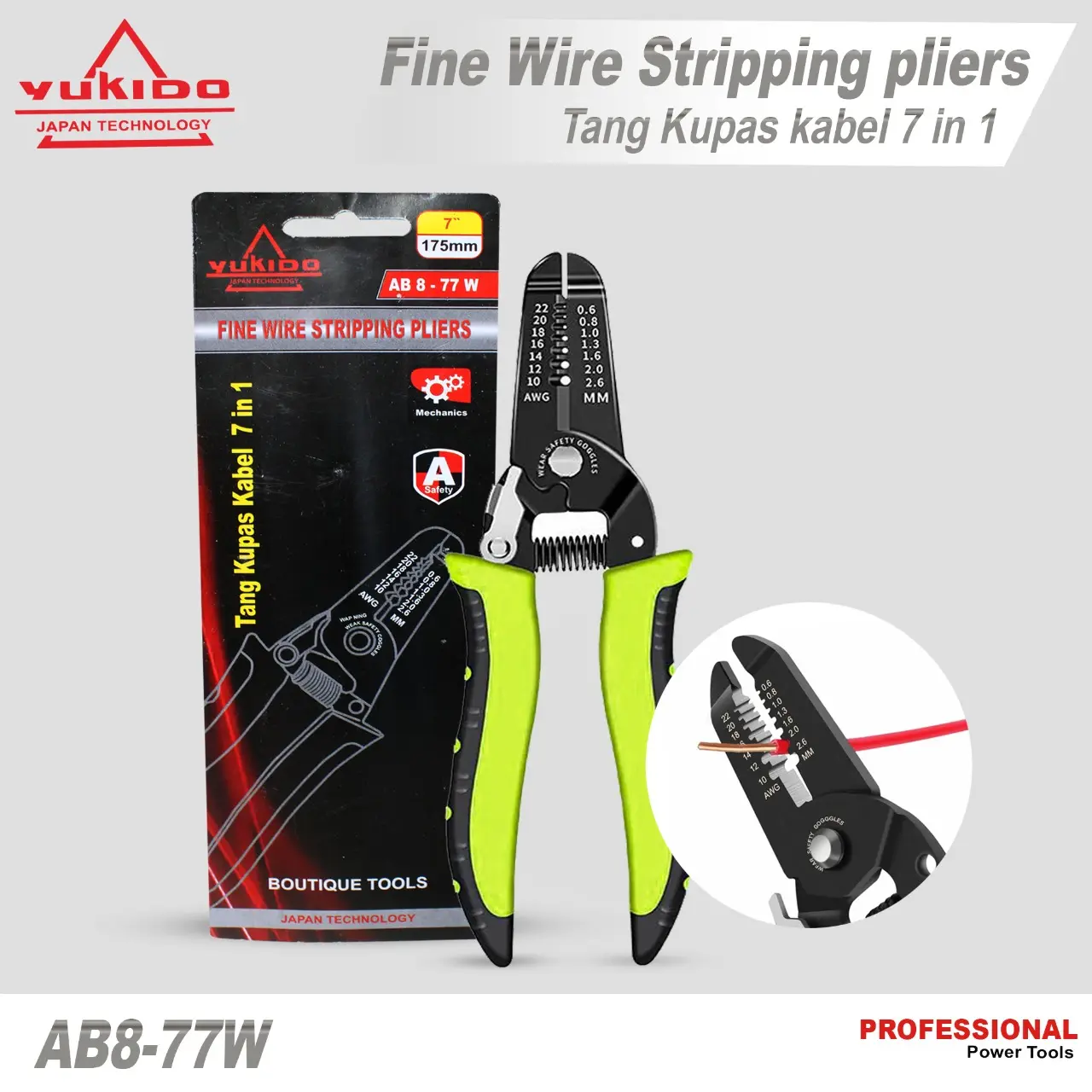 Tang Kupas Kabel 7in1 Fine Wire Stripping AB8-77W Baja Berkualitas Tepi Bergerigi Tajam Pemotong Kawat & Lubang Pendauran Bawaan