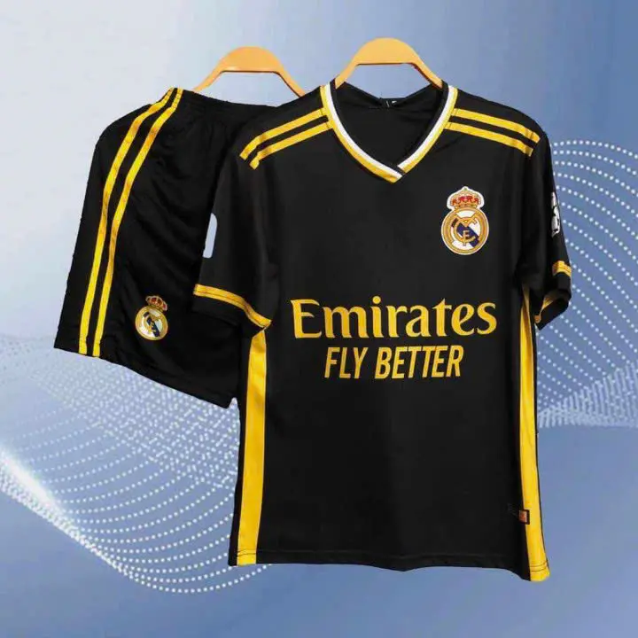 [ReL - ĐVV01] in tên số áo theo yêu cầu -  Bộ quần áo đá bóng, áo đá banh real đen viền vàng_ hàng thun lạnh cao cấp Thoáng khí Thoải mái Unisex Top Chạy Bộ