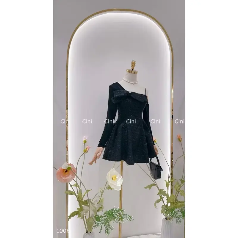 Váy dạ tweed lệch vai kèm tag đá 6