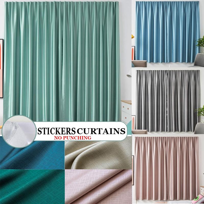 Blackout Solid Color Self-adhesive home decor Curtain Modern Designed Bedroom Window Blue Langsir Free Installation of Small curtains 0
