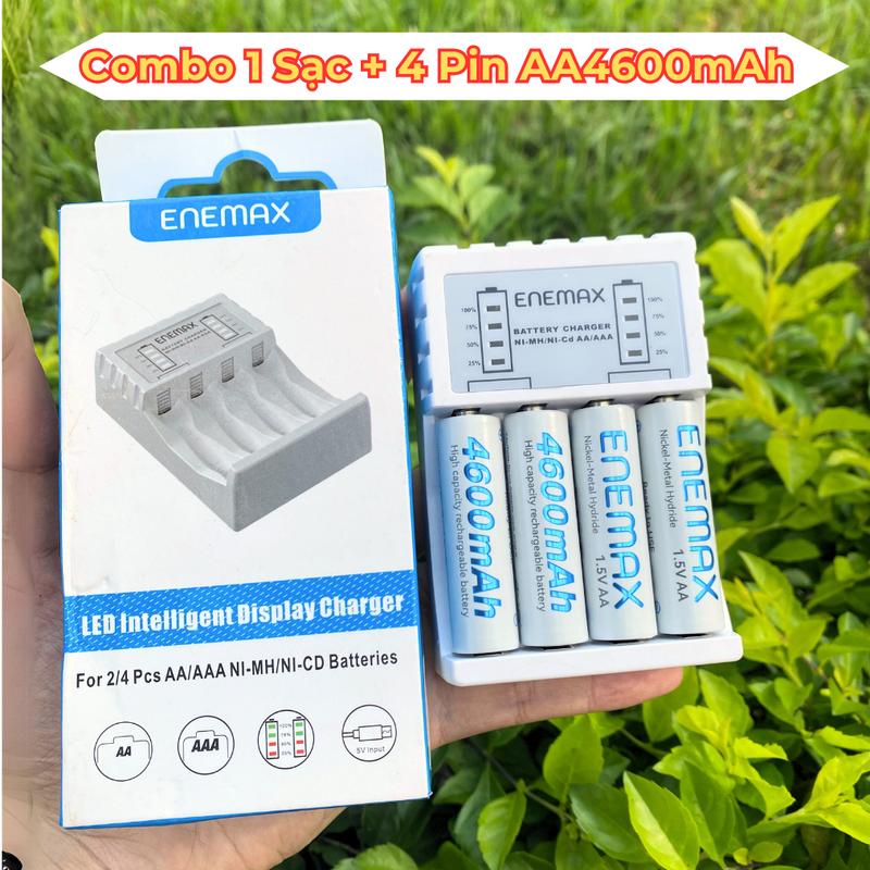 CHÍNH HÃNG Combo 1 Sạc + 4 Pin AA 4600mAh,Sạc Nhanh Enemax + 4 Pin AA 4600mAh,Tiết Kiệm Pin Dự Phòng - Đồ Chơi Sạc Pin An toàn Sạc có chế độ tự ngắt Phụ Kiện