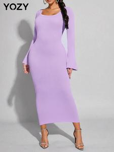 YOZY Women's Plain Flounce Sleeve Square Neck Bodycon Dress, Elegant Long Sleeve Dress for Party Holiday Wedding Guest, Ladies Clothes for All Seasons