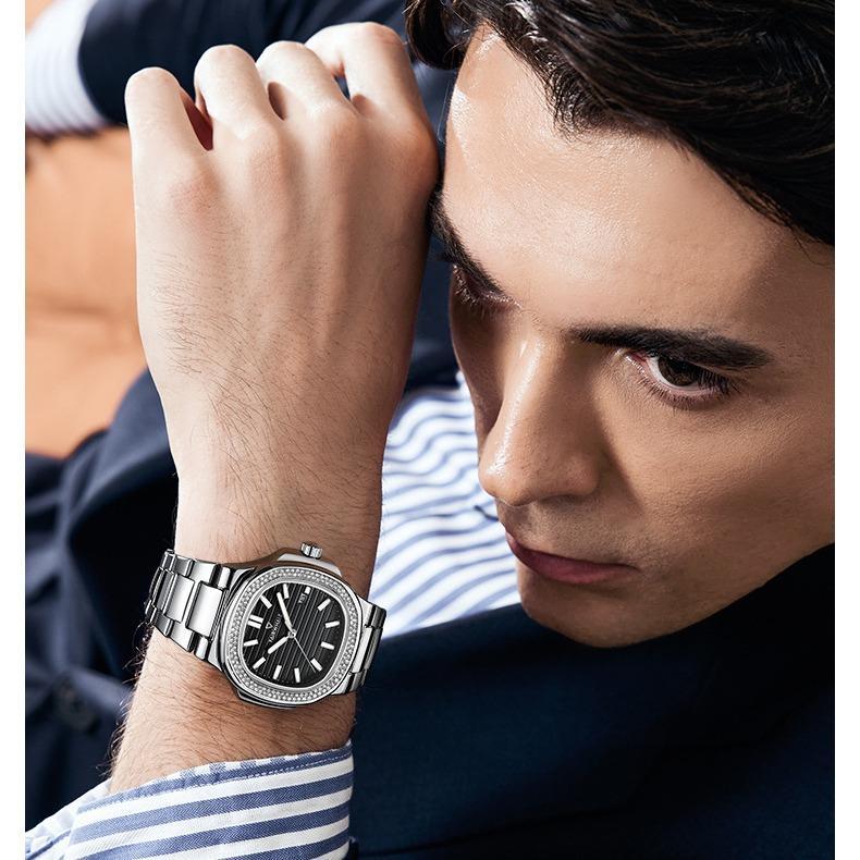 Đồng hồ nam nữ đính đá Mark FairWhale dây thép size 42mm dây thép không gỉ, đồng hồ unisex nam nữ chống nước 8