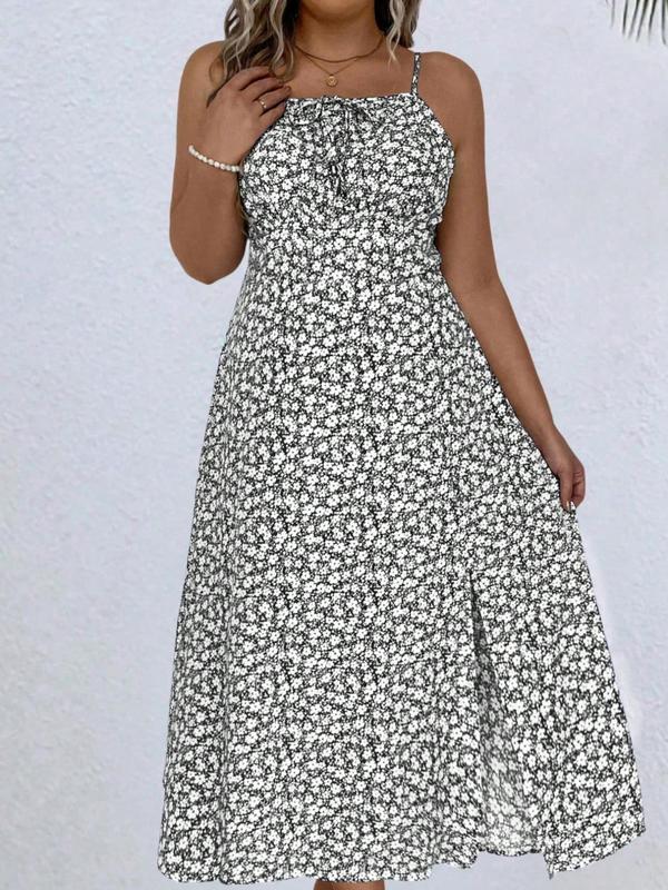 Womenswear【plus Size】 Ditsy Floral Print Shirred Split Thigh Cami Dress, College Outfits Casual Wear Boho Sleeveless Backless A-line Dress for Beach Vacation Holiday,2024 Sundress Maxi Going Out Dress, Green Dress Girl Black Dress 3