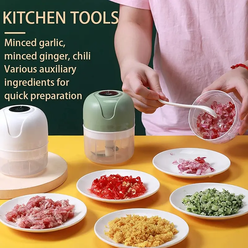 PPLUS  Blender mini elektrik-Hijau 250ML/Blender Mini Portable USB Penghancur Bawang Putih Mini Chopper Penggiling Daging Wireless Mini Cooking Machine/hijau/pisau/putih Hijau Pisau Putih Kabel Mesin 2