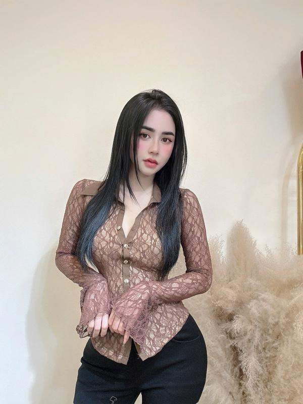 Product Introduction of Áo Sơmi Ren Nữ Tay Dài Loe Co Giãn Hai Lớp Trước Sau E11 12