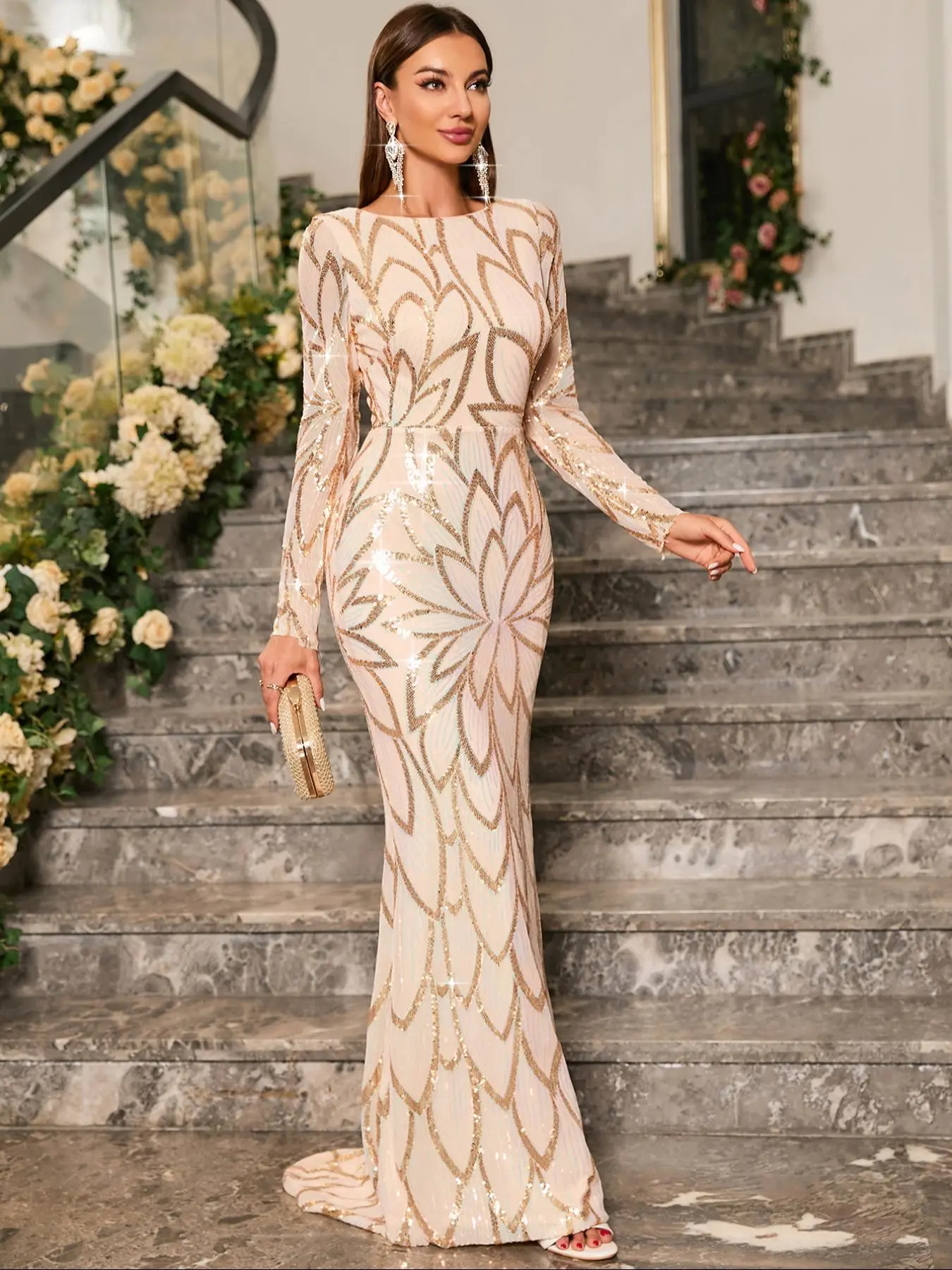 Women's Contrast Sequin backless Bodycon Evening Dress, Elegant Long Sleeve Maxi Dress for Party Wedding Guest, Prom Gown, Formal Dresses, Lady Occasion Wear