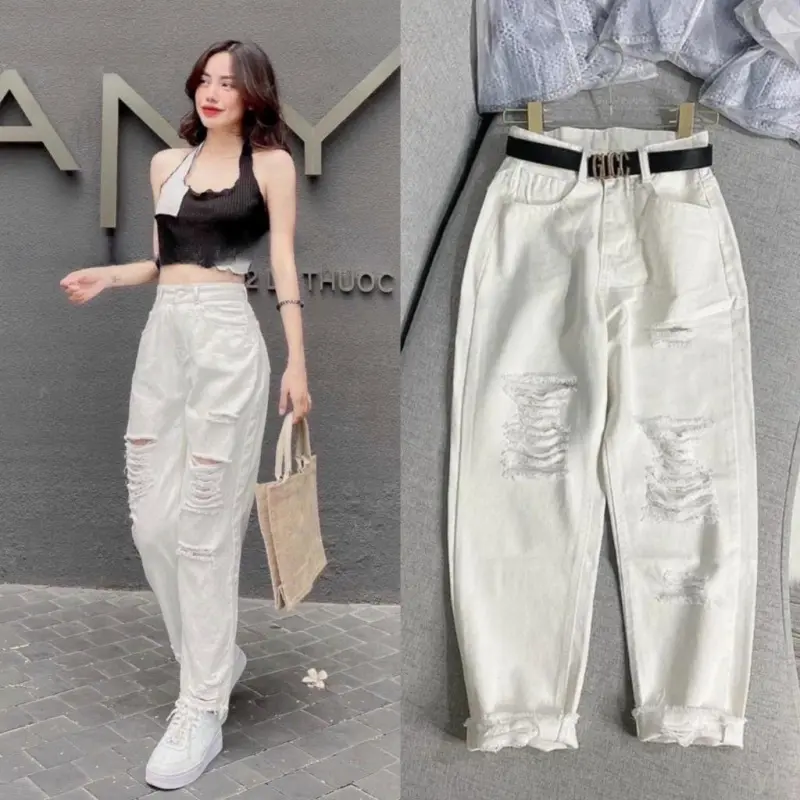 Quần baggy jean trắng rách cá tính - chất jean dày mềm cao cấp không nhắn không lộ Nữ Pants❤️