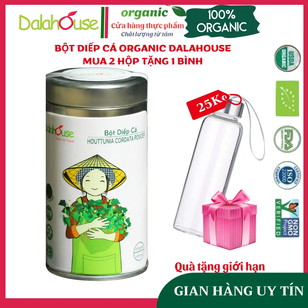 Bột diếp cá organic nguyên chất Dalahouse - Bột diếp cá sấy lạnh hữu cơ thanh lọc cơ thể, hỗ trợ người bị tri bón