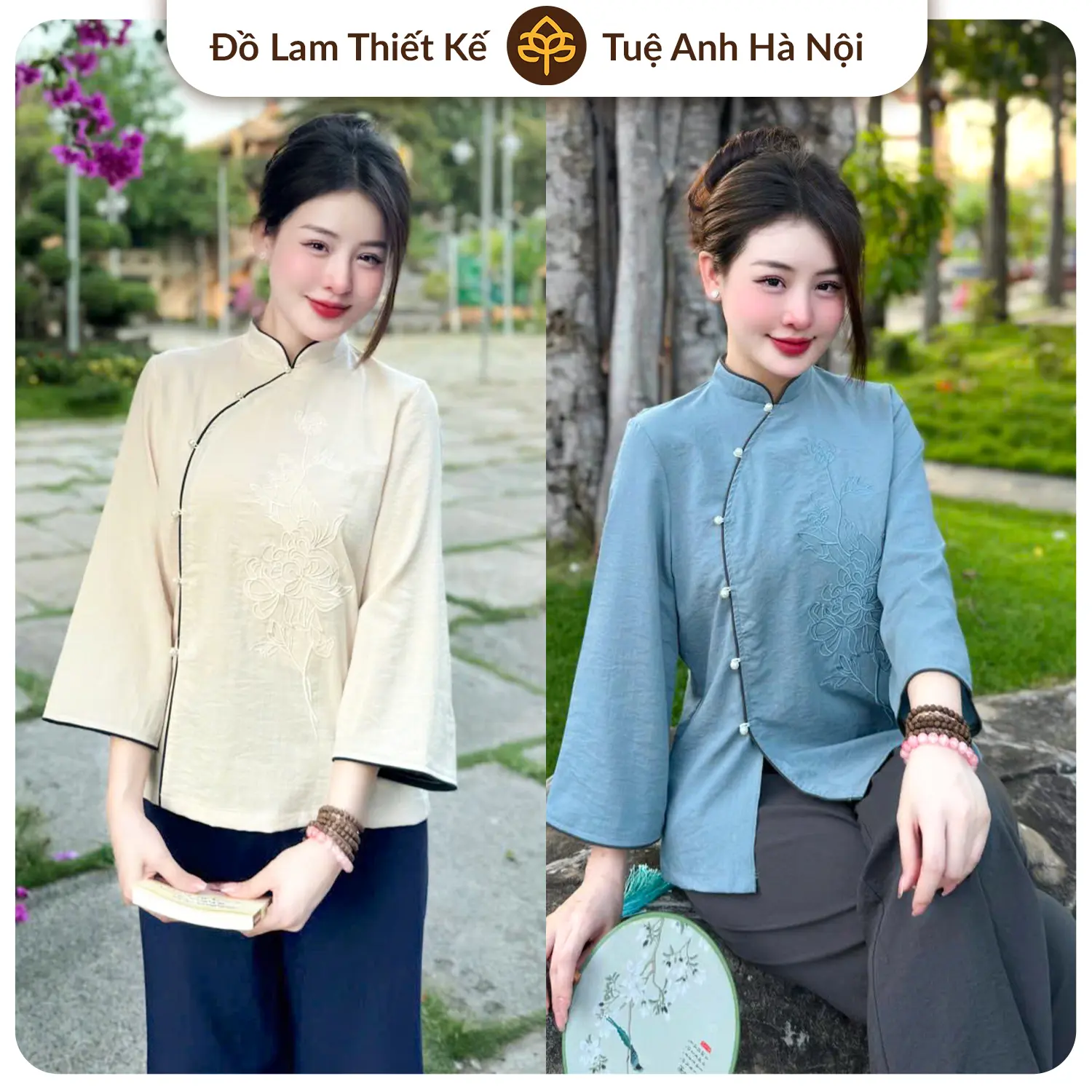 Đồ lam đi chùa đũi nhật cổ tàu thêu hoa bỉ ngạn phối cúc ngọc Women Nữ Áo