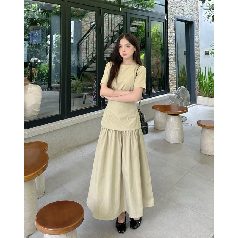 Set Áo Ngắn Tay Cổ Tròn 29feb.closet Kèm Chân Váy Xòe Dài Xếp Ly Thời Trang Hè Nữ Tính - Ss240 Women Kem Top Xoè