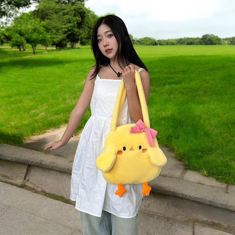 Túi đeo vai hình gà con bằng vải lông mềm màu vàng dễ thương đi học thêm Bag Nữ Nhung Tote Lady Hoa Da Chữ Nhật Kem Đeo Chéo