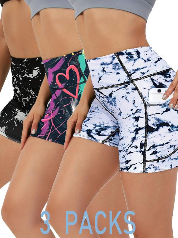 Women's 3pcs Plain Pocket High Waist Sports Short Leggings, Summer Clothes Women, Comfy Stretchy Seamless Skinny Solid Biker Shorts for Yoga Gym Workout, Ladies Sportswear Bottoms for Summer, Tummy Control, Athletic Shorts 1