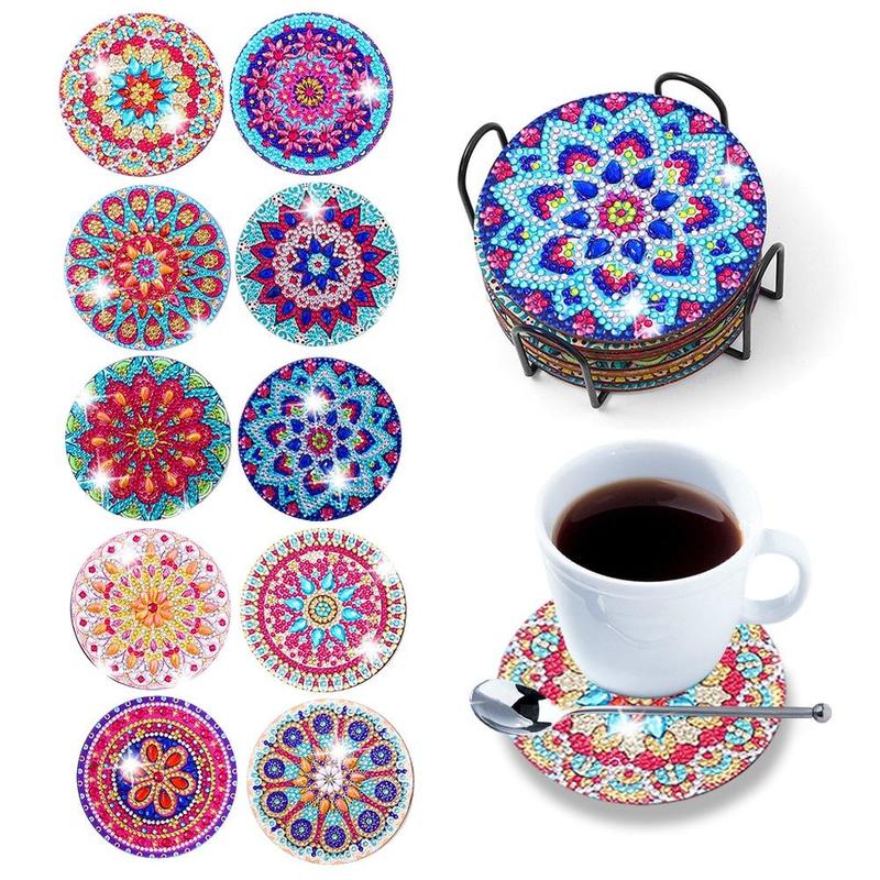 Product Introduction of Round Mandala Flower Pattern DIY Diamond Arts Colorful Painting Coaster, 10pcs DIY Craft Supplies for Home Decoration 11