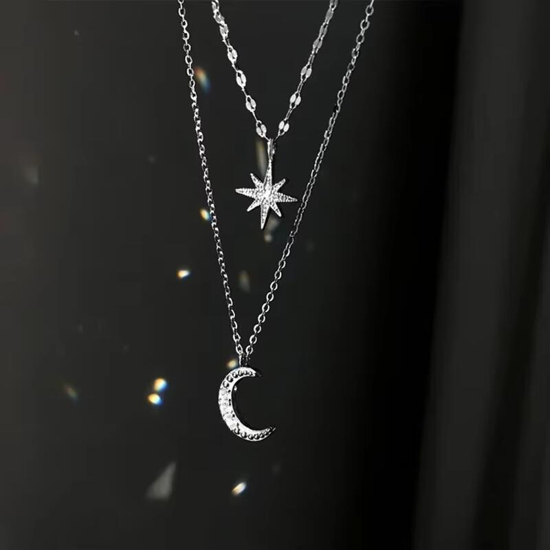 Delysia King Star Moon double layer Necklace women's light niche design sense overlapping clavicle chain 4