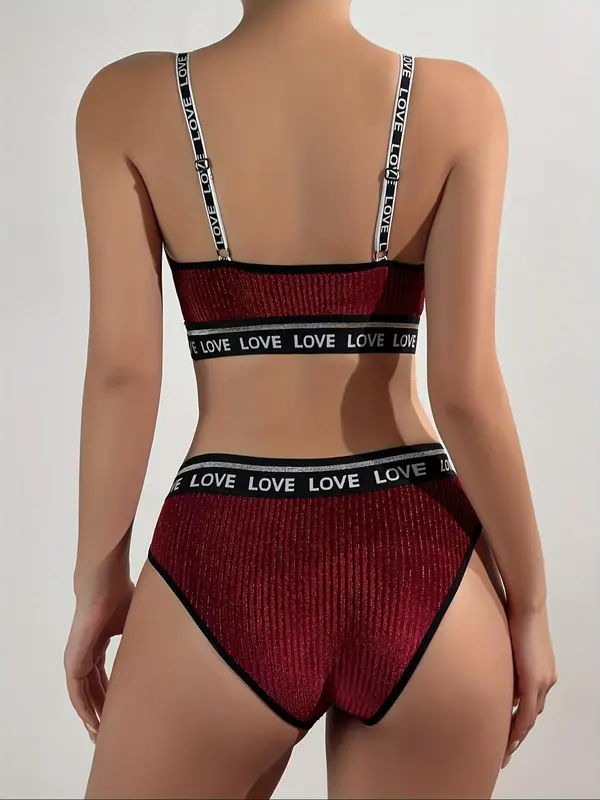 Two-Piece Set Women's Velvet Letter Tape Bra & Contrast Binding Panty Two-piece Set, Adjustable Strap Wireless Bra & Panty, Lingerie Set for Women 1