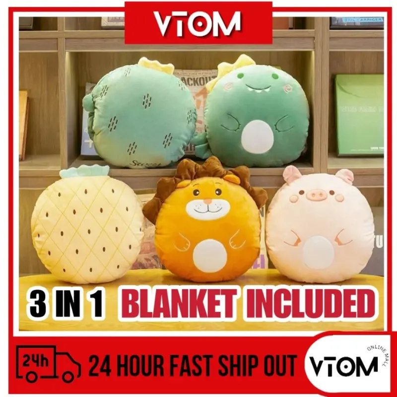 VTOM Cute 3 in 1 Pillow Blanket Hand Warmer Office Car Cushion Pillow Bantal Peluk Bantal Selimut 2 in 1 Travel