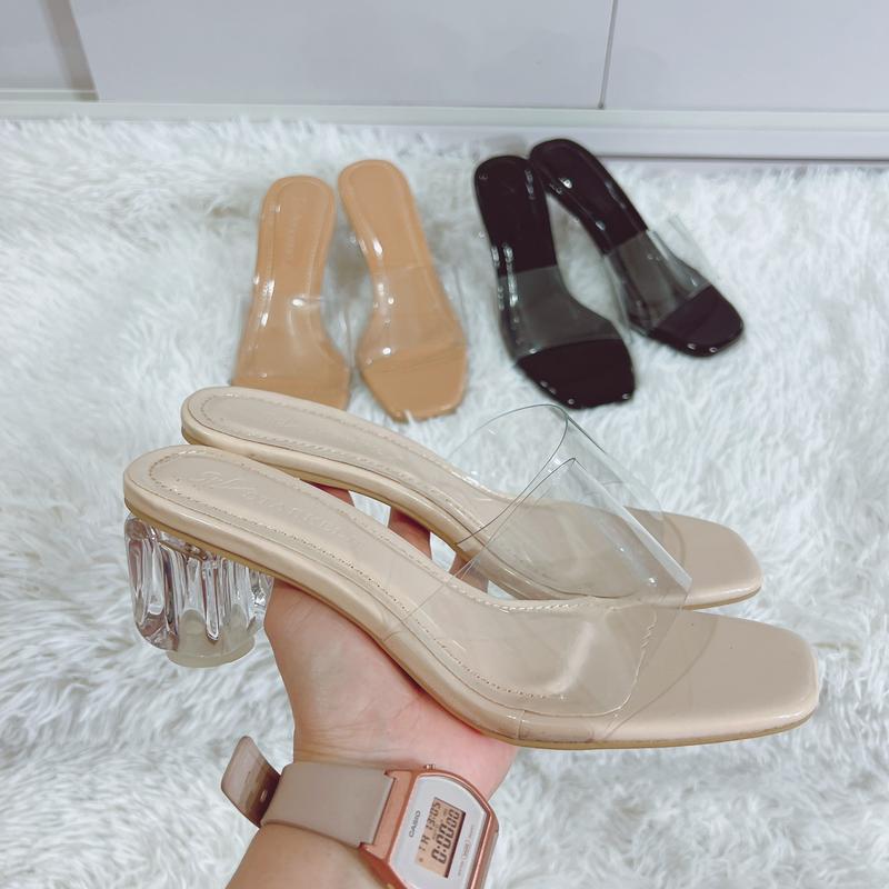 Dép nữ- guốc quai trong gót trong cao 5cm- form chuẩn DéP Shoes GiàY Jean giày trong suốt đính đá