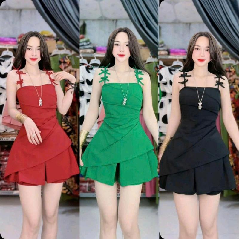 Bộ đồ nữ Sét đầm kem quần đùi áo dây đính nơ kèm quần đùi giả váy - Size XL-3XL