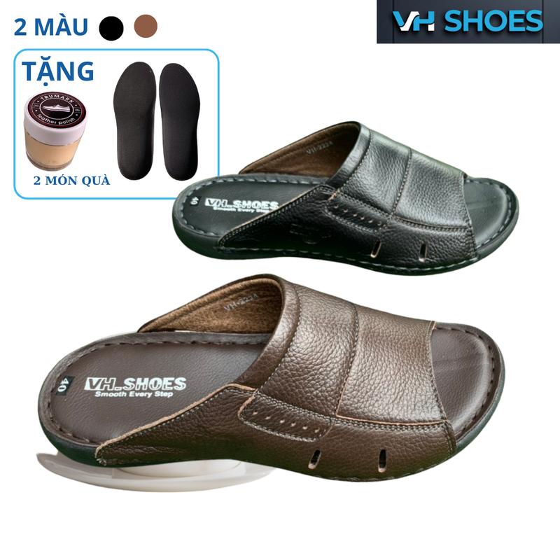  Dép Nam Da Bò Trung Niên Quai Ngang Bản Lớn  Đế Chống Trượt - Mã Số V 2224 Dép Lê Đế Bằng DéP Slipper Cao Su 