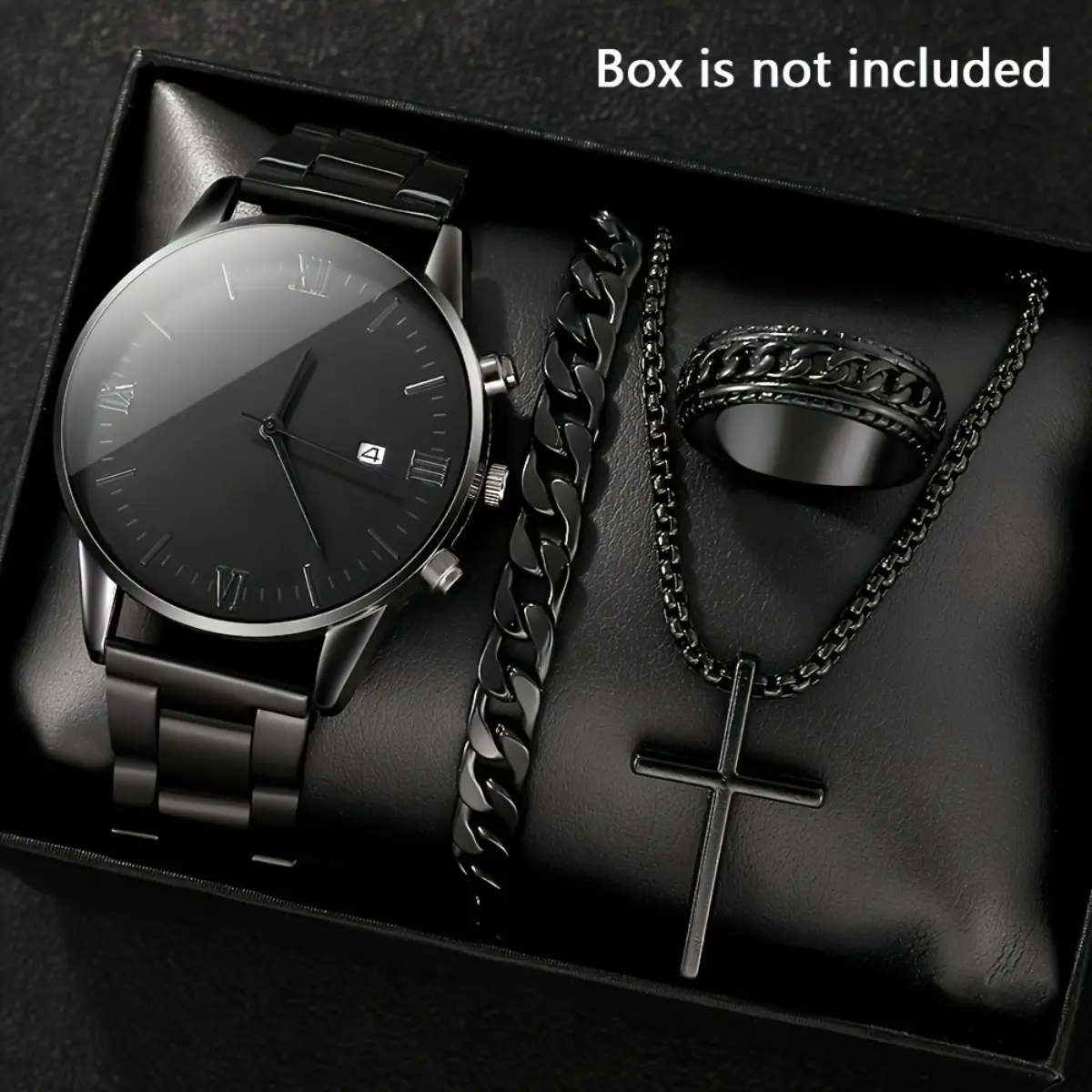 4pcs/set, Men's Simple Pointer Round Black Calendar Quartz Watch And Black Cross Pendant Necklace Ring Bracelet Set, Gift For Him