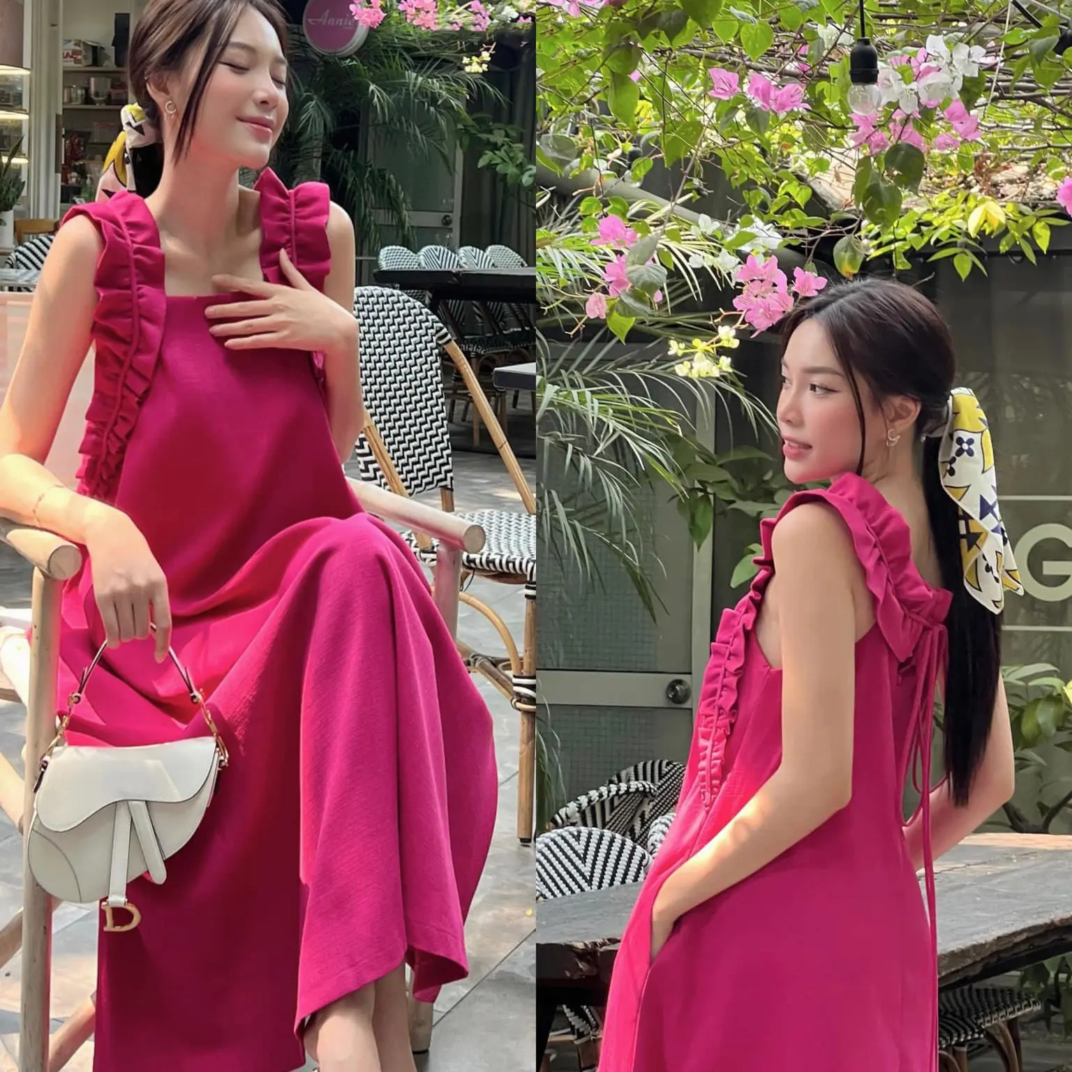 M340 - Đầm maxi cổ vuông phối viền bèo dáng suông đi biển, mùa hè 2023 Nữ Dress