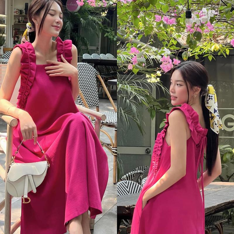 M340 - Đầm maxi cổ vuông phối viền bèo dáng suông đi biển, mùa hè 2023 Nữ Dress