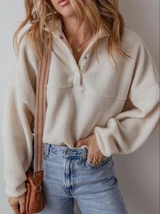Women's Plain Half Button Front Drop Shoulder Fuzzy Sweatshirt, Trendy Casual Long Sleeve Mock Neck Pullover for Fall & Winter, Women's Clothes for Daily Wear