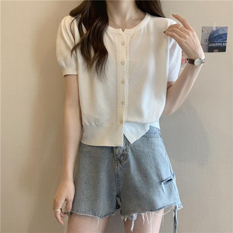 Product Introduction of Áo Thun ngắn Tay Phong Cách Mới Mùa Hè, Cổ Chữ O, Dễ Phối Đồ Dành Cho Nữ, Ngắn Ngắn Tay, Một Hàng Cúc, Áo Cardigan Dệt Kim, Đơn Giản 30