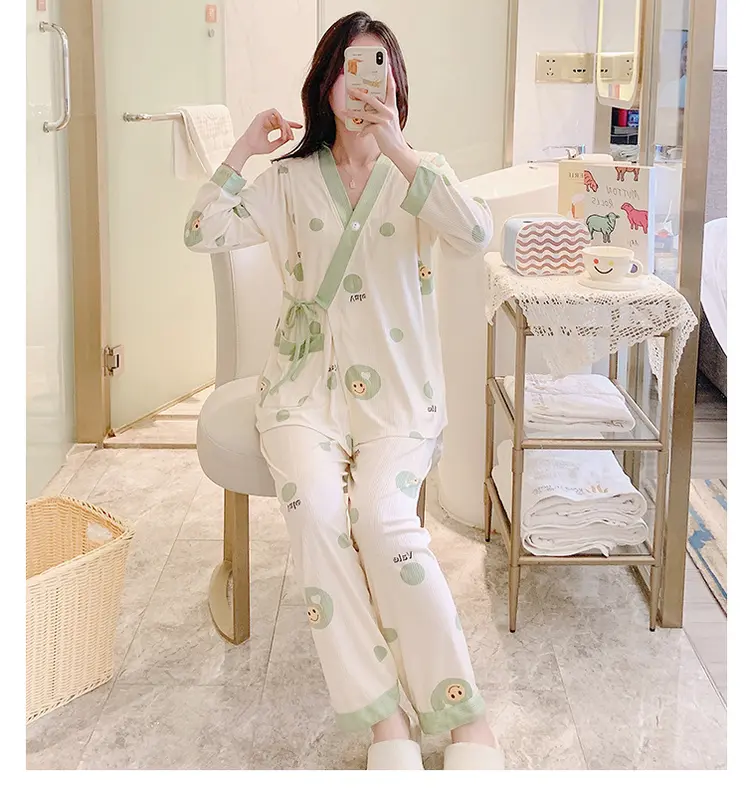 Bộ Đồ Bầu Sau Sinh Dài Tay Có Khe Mở Cho Con Bú Chất Liệu Cotton 2