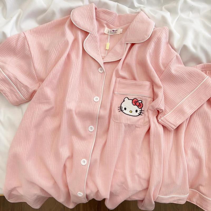 Bộ Đồ Ngủ Cho Bé Gái, Thiết Kế Hình Mèo Kitty Dễ Thương, Thích Hợp Cho Mùa Hè, ngắn Tay, Bộ Đồ Mặc Nhà Cho Bé Gái, Có Thể Mặc Ngoài Trời 4