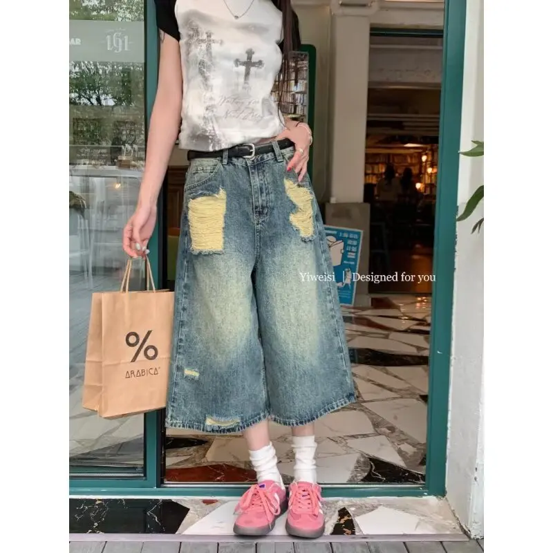 Quần Short Denim, Phong Cách Cổ Điển Đã Giặt Và Rách, Thiết Kế Độc Đáo Mùa Hè, Quần Có Khóa Kéo, Phong Cách Mỹ, Quần Short Bảy Tấc Hợp Xu hướng