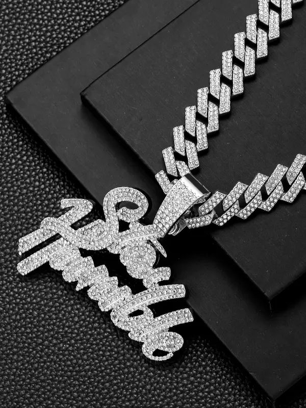 Rhinestone Decor Letter Charm Pendant Necklace for Men & Women,  Trendy Chunky Chain Design Pendant Necklace, Hip Hop Iced out Jewelry As Birthday Gift 5