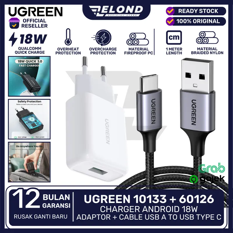 UGREEN Charger Android 18W Adaptor + Kabel USB Type C 1