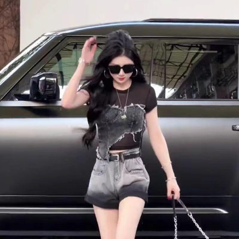 Áo Phông Ngắn Tay, Dành Cho Nữ, Khâu Denim, Lưới, Ngọt Ngào Và Ngầu, Thiết Kế Bất Đối Xứng Cô Gái Nóng Bỏng, Mỏng Vừa Vặn 1