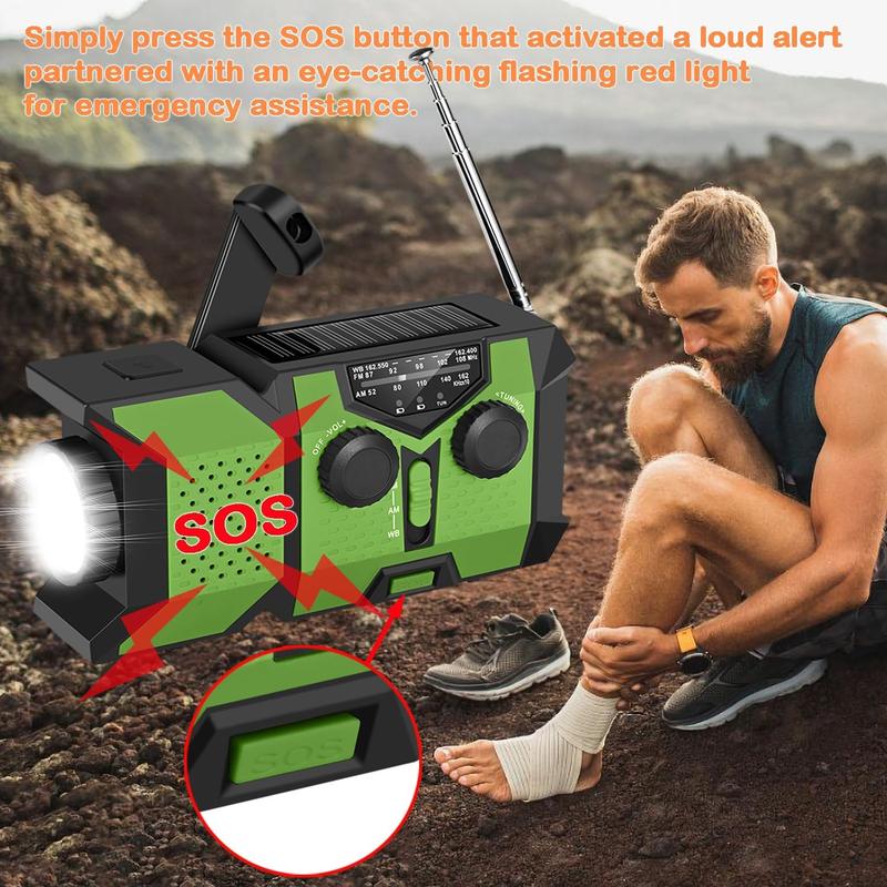 2000mAh Emergency Hand Crank Weather Radio, Rechargeable Portable Solar Powered FM/AM/NOAA Radio with Flashlight & SOS Alarm, Emergency Equipment 3