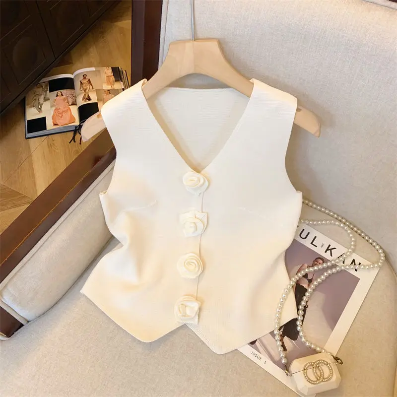 Áo Vest Dệt Kim Cổ Chữ V, Thiết Kế Hoa Ba Chiều Thanh Lịch, Dáng Ôm, Áo Ngắn, Dành Cho Nữ, Quần Áo Nữ