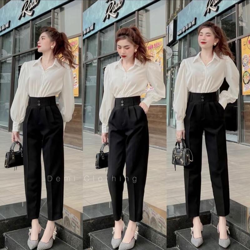  Quần tây baggy nữ phối 3 khuy khoá trước quần tây nữ lưng cao cạp bản to hack dáng vải tuyết mưa mềm mịn 