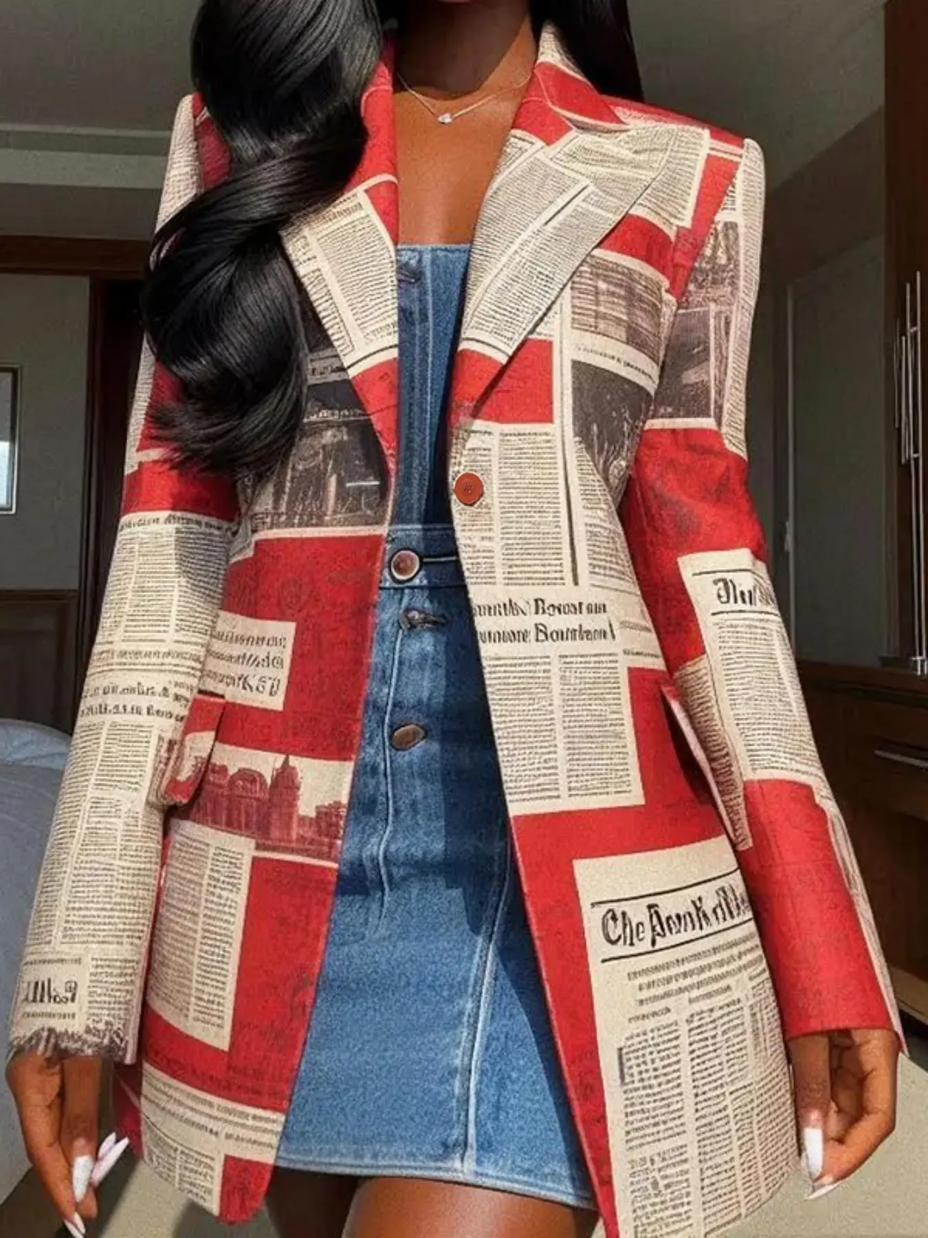 Women's All Over Newspaper Print Button Front Blazer, Elegant Long Sleeve Lapel Neckline Outerwear for Fall & Winter, Ladies Clothes for Daily Wear, Coat